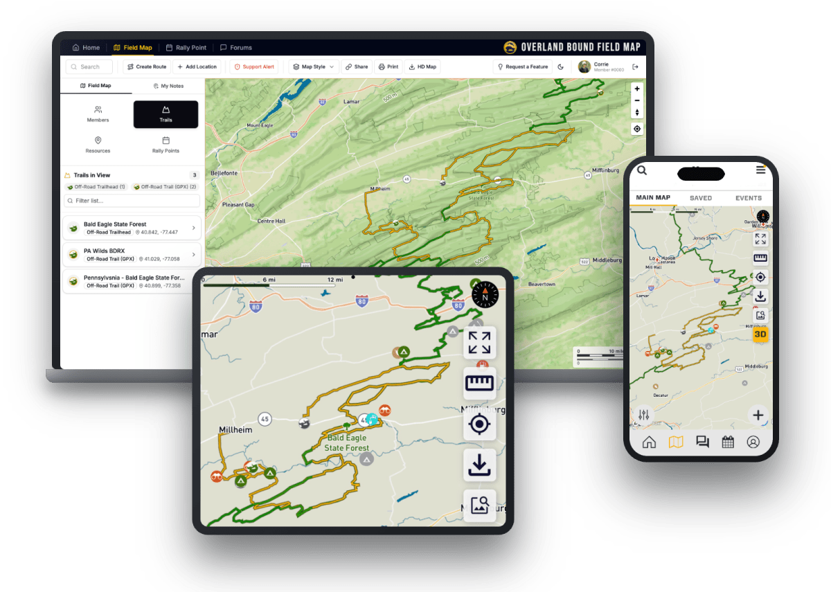 Overland Bound Field Map shown on desktop, tablet, and mobile